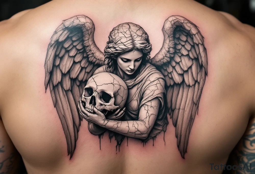 An angel statue cracked and weathered, holding a skull in grayscale, with "memento mori" carved in stone beneath. tattoo idea