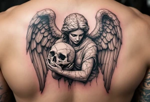 An angel statue cracked and weathered, holding a skull in grayscale, with "memento mori" carved in stone beneath. tattoo idea