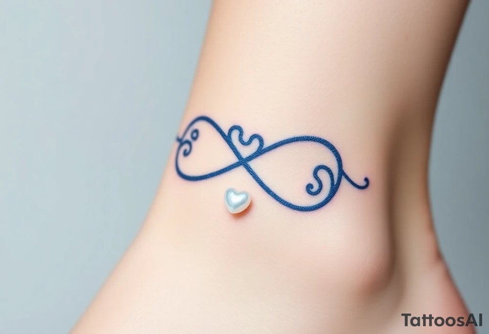 A blue infinity symbol made of delicate waves, with a small heart-shaped pearl tattoo idea