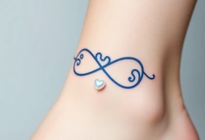 A blue infinity symbol made of delicate waves, with a small heart-shaped pearl tattoo idea