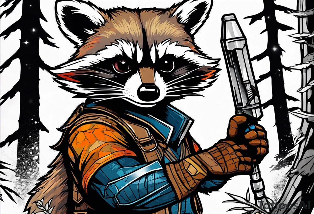 rocket raccoon in a defensive position in a forest tattoo idea