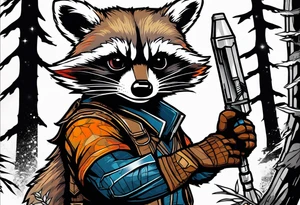 rocket raccoon in a defensive position in a forest tattoo idea