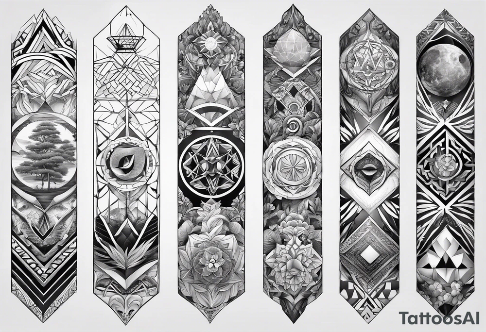 full sleeve tattoos for men with sacred geometry and tropical theme going from chest to hand tattoo idea