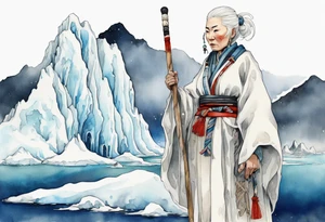 a 40 year old Sami woman with white hair and a white robe holding a white staff, standing on an iceberg tattoo idea