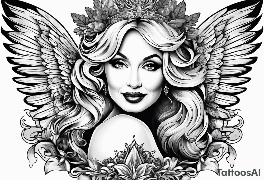 An angelic tattoo featuring Dolly Parton, an acorn, wings tattoo idea