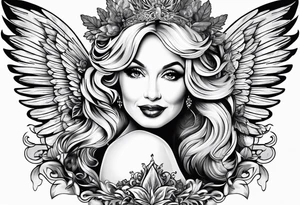 An angelic tattoo featuring Dolly Parton, an acorn, wings tattoo idea