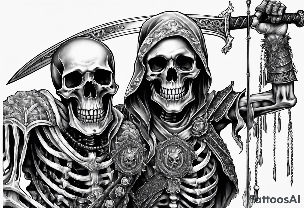Two Skeletons both reaching for a sword tattoo idea