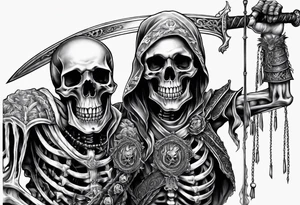Two Skeletons both reaching for a sword tattoo idea
