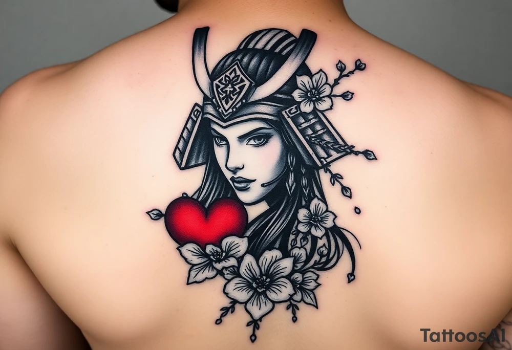 Samurai women warrior face
 with a with cherry blossom with wind red heart design bleed tattoo idea