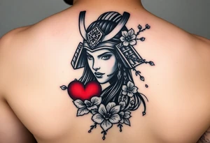 Samurai women warrior face
 with a with cherry blossom with wind red heart design bleed tattoo idea