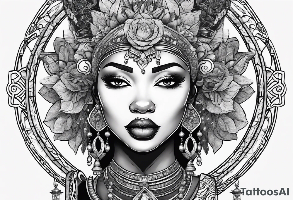 Black woman, royalty, enlightenment, wisdom, astronomy, cancer zodiac, natural, love, strength, power tattoo idea