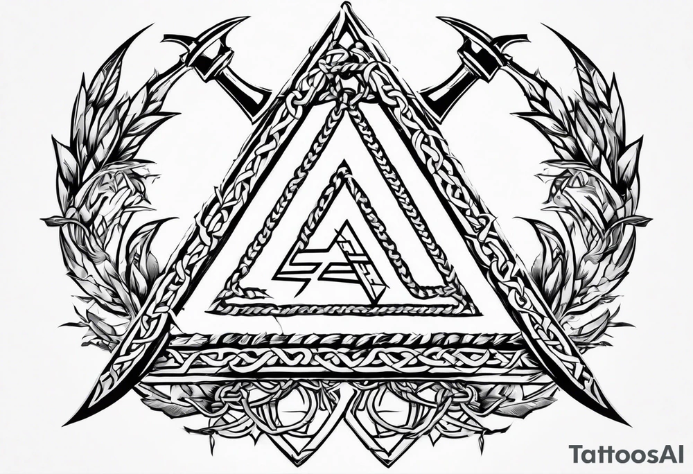 Valhalla sword shield axe barbed wire chains valknut tattoo idea