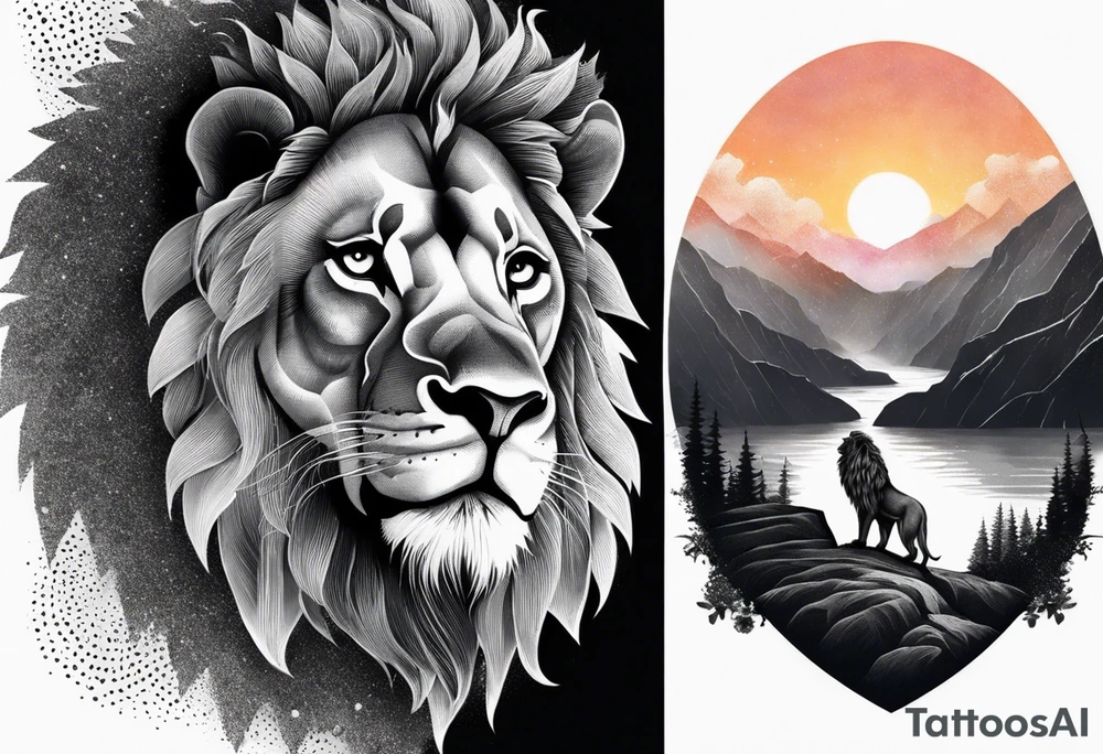 Tattoo in the shape of a lion head with a father and son in the mountains with  a waterfall and cross in the background and a sunset inside of it tattoo idea