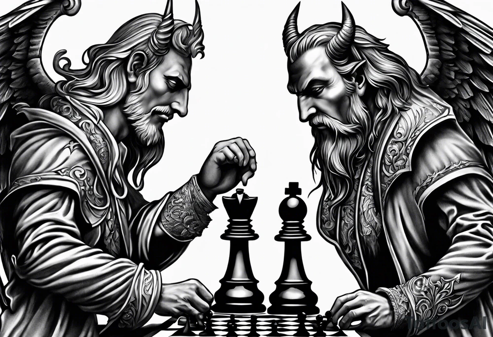 devil and angel hands playing chess tattoo idea