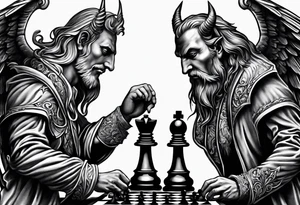devil and angel hands playing chess tattoo idea