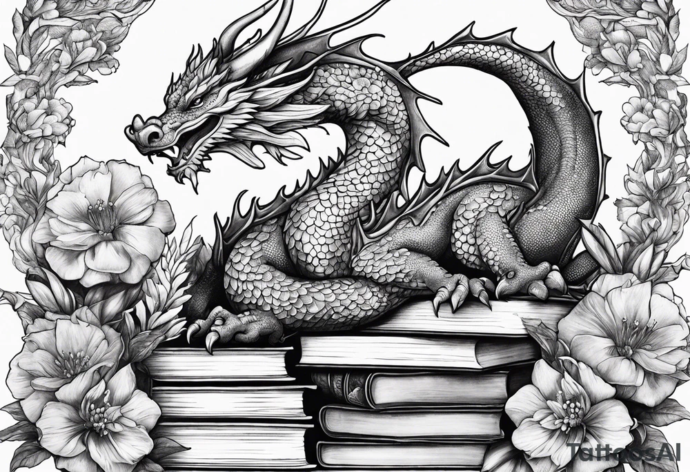 Dragon stack of books flowers tattoo idea