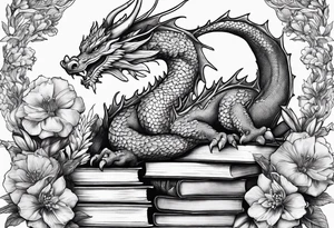 Dragon stack of books flowers tattoo idea