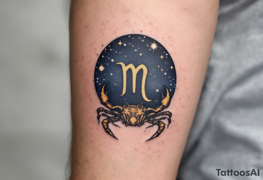 The Cancer zodiac symbol gold beneath a midnight blue sky dotted with white constellation stars. tattoo idea