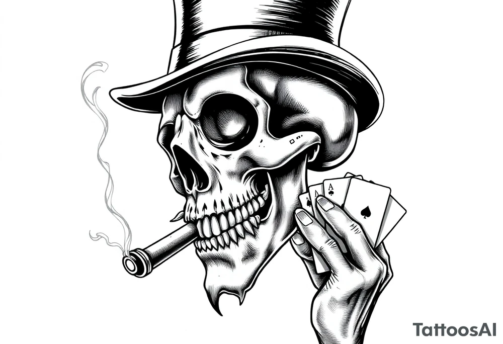 a skull with mustache,top-hat, cigar in his mouth and playing cards in a hand. tattoo idea