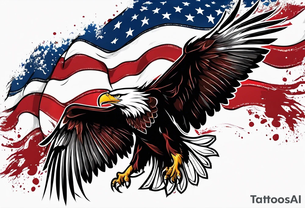 Eagle grabbing america flag with red white and blue blood on talons. tattoo idea