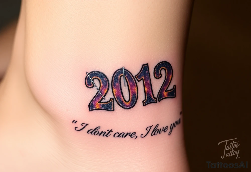 Safety pins through the skin attaching a running number with 2012 and purple and gold accents with “I don’t care, I love it” around the outside tattoo idea