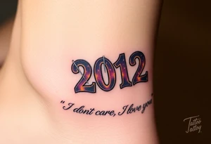 Safety pins through the skin attaching a running number with 2012 and purple and gold accents with “I don’t care, I love it” around the outside tattoo idea