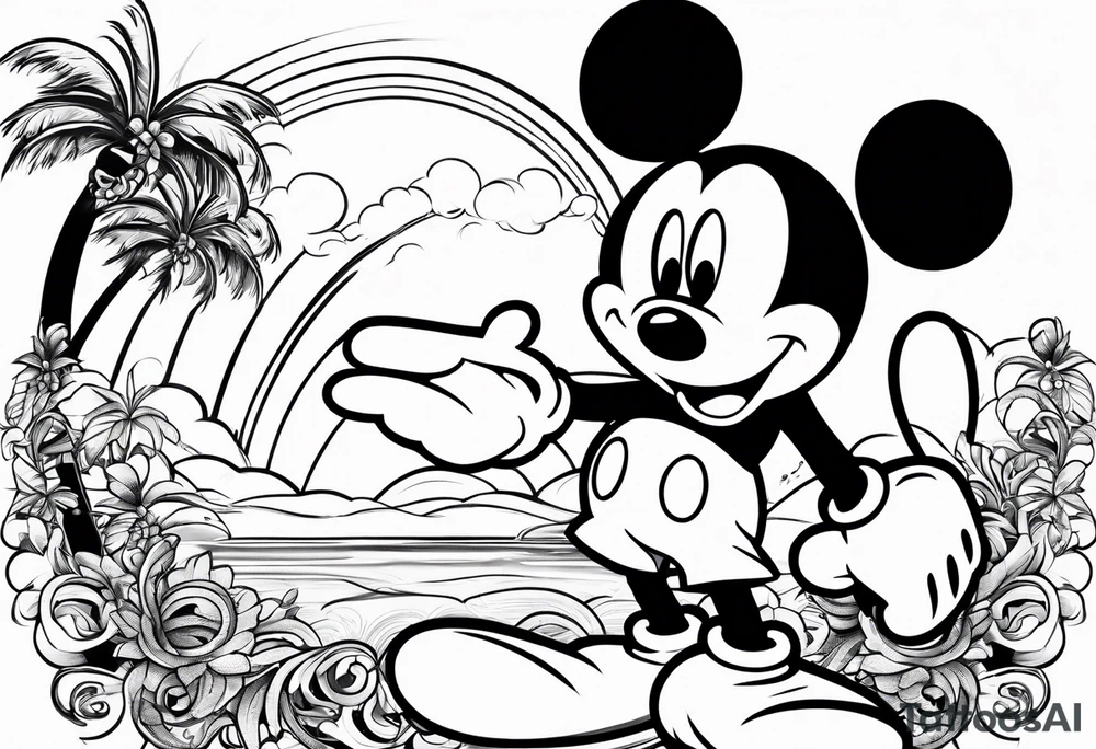 mickey mouse holding sticks with palm trees tattoo idea