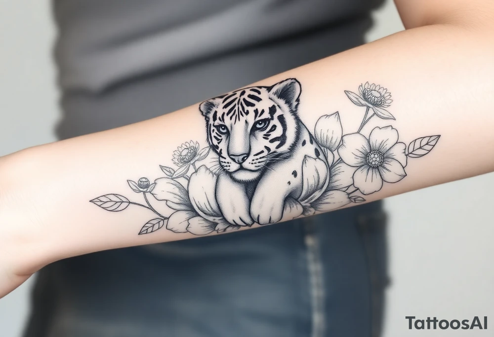 Floral tattoo with baby tiger in the flowers 🌺 tattoo idea