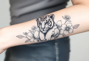 Floral tattoo with baby tiger in the flowers 🌺 tattoo idea