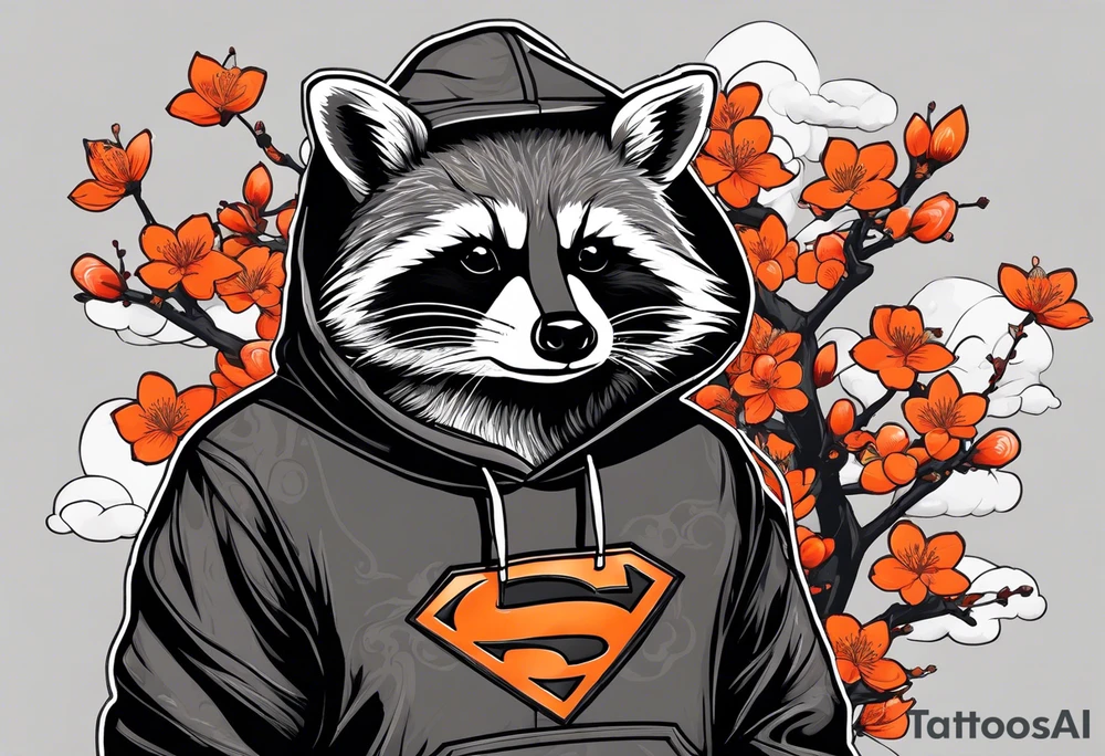 Raccoon wearing a white Superman logo on a black hoodie and orange Japanese cherry blossoms beside tattoo idea