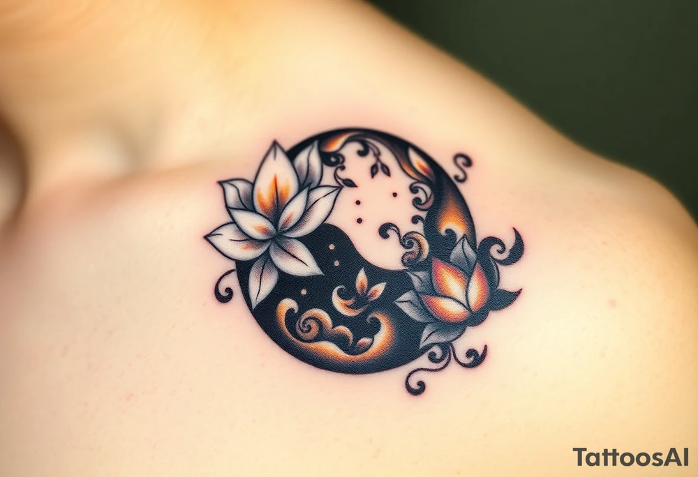A Yin and Yang symbol, with one side filled with vibrant white lotus flowers, symbolizing peace and purity, and the other side blackened with dark, swirling smoke, symbolizing chaos and mystery. The white section radiates soft golden highlights, while the black section features dark reds and shadows tattoo idea