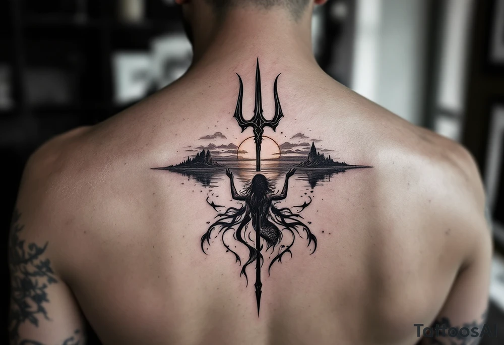 trident half way under calm water with sunset and mermaid tattoo idea