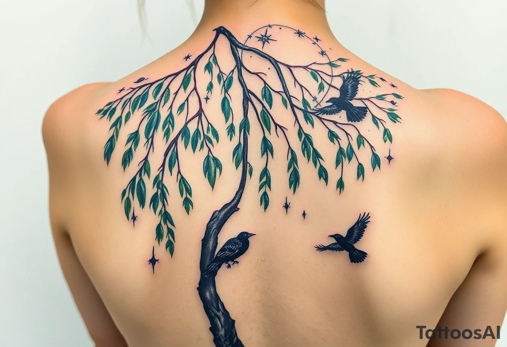 Weeping willow with starry sky background with zodiac constellations in it with runes and ravens tattoo idea