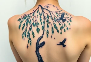 Weeping willow with starry sky background with zodiac constellations in it with runes and ravens tattoo idea