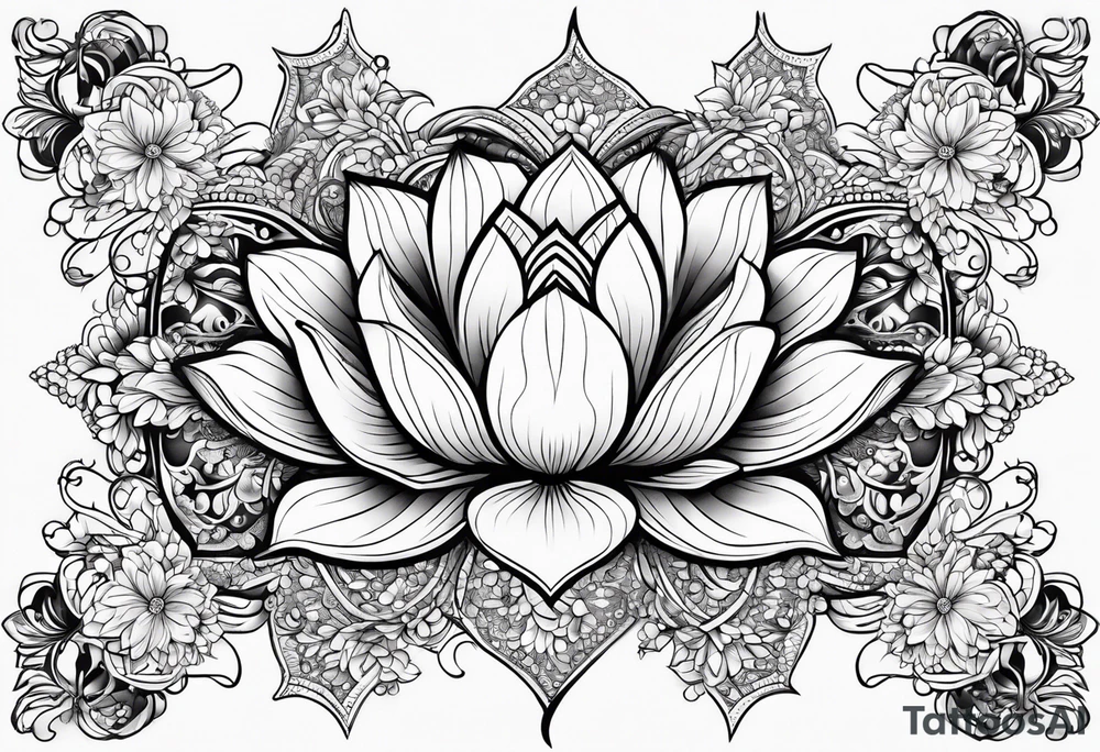 Floating lotus upper back with florals and henna to each shoulder tattoo idea