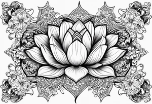Floating lotus upper back with florals and henna to each shoulder tattoo idea