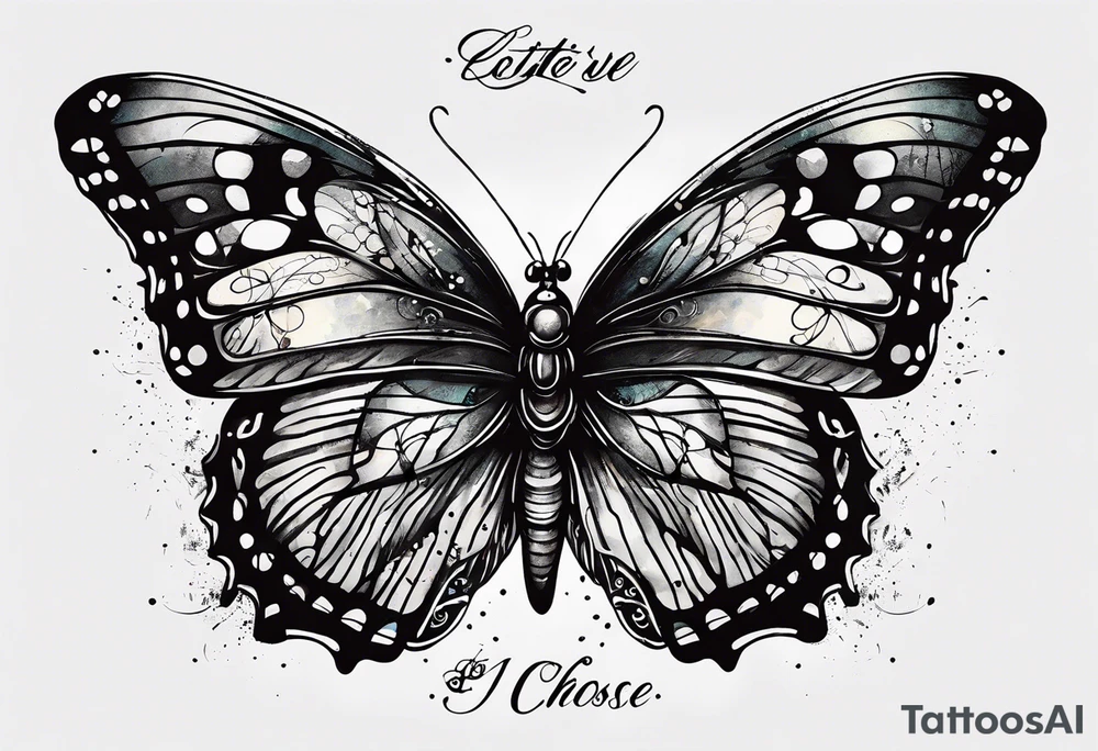 butterfly with one wing black scribbles, the other wing beautiful and colorful, the body has the date 1.9.2023 and the words written "I chose to live." tattoo idea