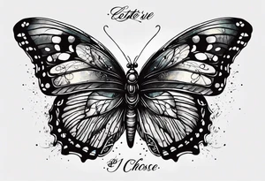butterfly with one wing black scribbles, the other wing beautiful and colorful, the body has the date 1.9.2023 and the words written "I chose to live." tattoo idea