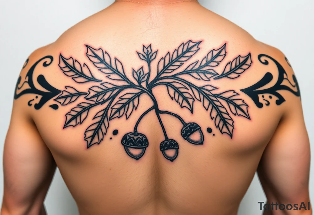 oak branch with thick leaves and acorns tattoo idea