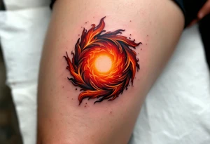 A fiery circle in swirling shades of red, orange, and yellow resembling a miniature sun. tattoo idea