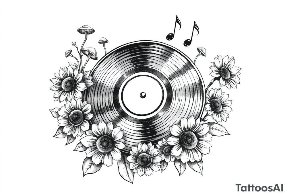 vinyl record player with mushrooms, sunflowers, and music notes around it tattoo idea