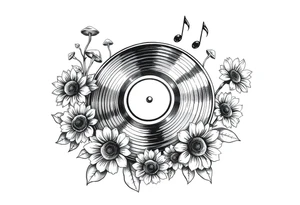 vinyl record player with mushrooms, sunflowers, and music notes around it tattoo idea