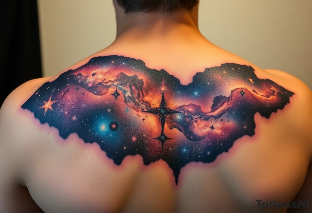 Beautiful and epic 3d milky way that appears to be what is beneath the skin. Make it drape over the shoulder and move to the middle back. use negative spaces to create stars and dust. Incorporate God breathing life into the universe. Keep it symmetrical tattoo idea