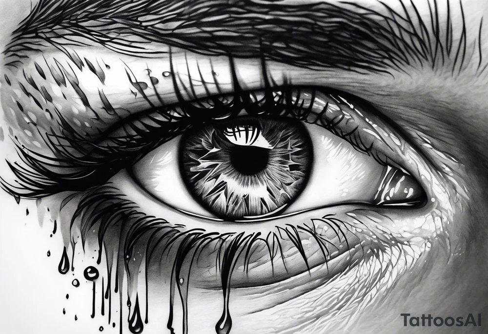Realistic eye crying tears of tragedy death and betrayal tattoo idea