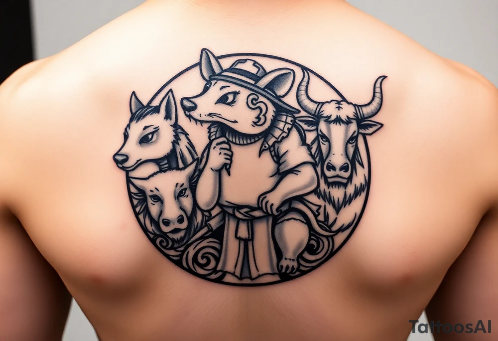 Japanese style tattoo consisting zodiac animals: rat(in the middle) dressed up samurai warrior style with with dog, goat, and ox surrounding the rat dressed up Samurai warrior style all fitting into a round shape without circle outline tattoo idea