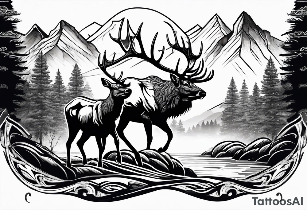 two elk fighting with mountains and stream in background tattoo idea