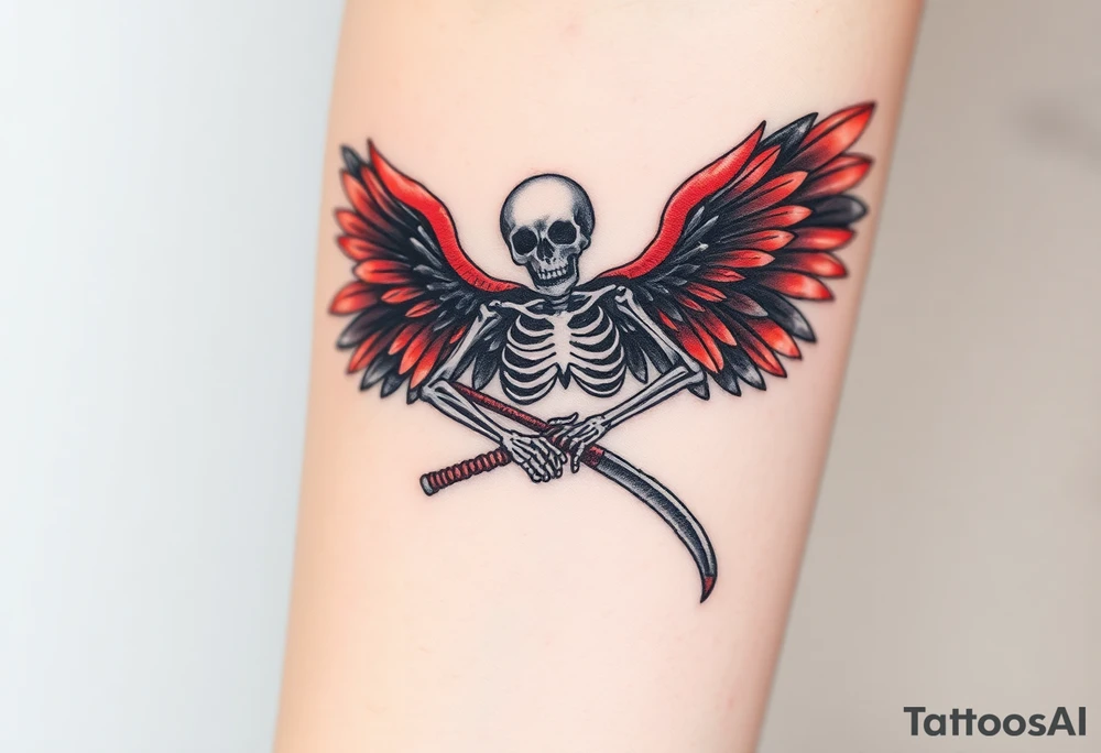 A winged skeleton clutching a scythe, its wings composed of intertwined black and blood-red feathers with highlights of dark orange at the edges. tattoo idea