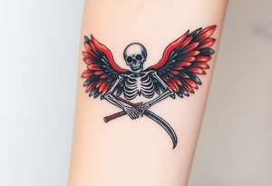 A winged skeleton clutching a scythe, its wings composed of intertwined black and blood-red feathers with highlights of dark orange at the edges. tattoo idea