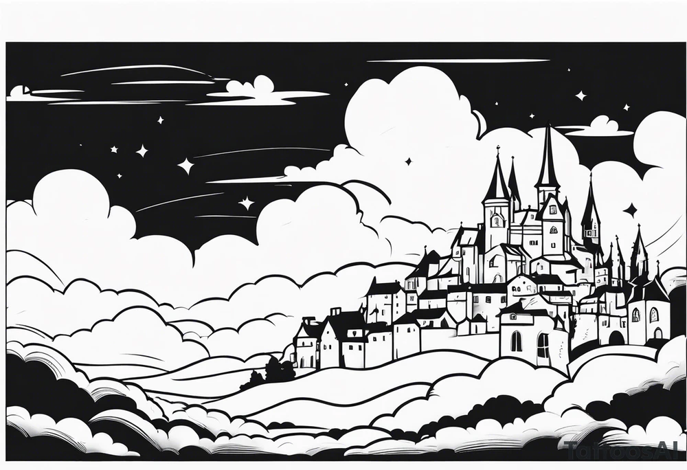 cloud medieval town tattoo idea
