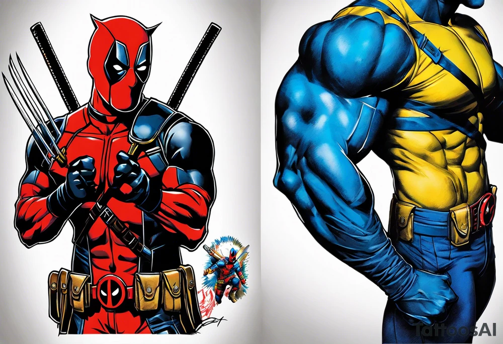 The tattoo features Deadpool and Wolverine in a highly realistic style. Deadpool, dressed in his detailed red and black costume, stands in a combat-ready pose, his katanas brilliantly rendered in hand. Beside him, Wolverine showcases his imposing musculature in his yellow and blue costume, with his adamantium claws extended and gleaming. Their expressions, one mischievous and the other fierce, are captured with precision, highlighting their distinct personalities. The scene focuses solely on the characters, with a minimalistic background to emphasize their dynamic and powerful presence. tattoo idea